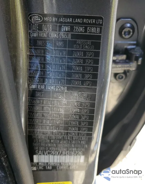 2018 Land Rover Range Rover Evoque Landmark Edition из США, поврежденный, VIN SALVC2RX7JH316726